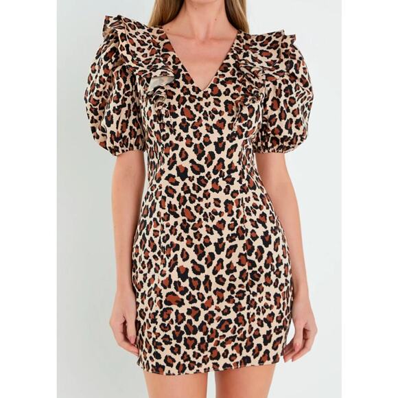 Puffed sleeve ruffle embellished leopard print mini dress English Factory size L - Picture 1 of 9